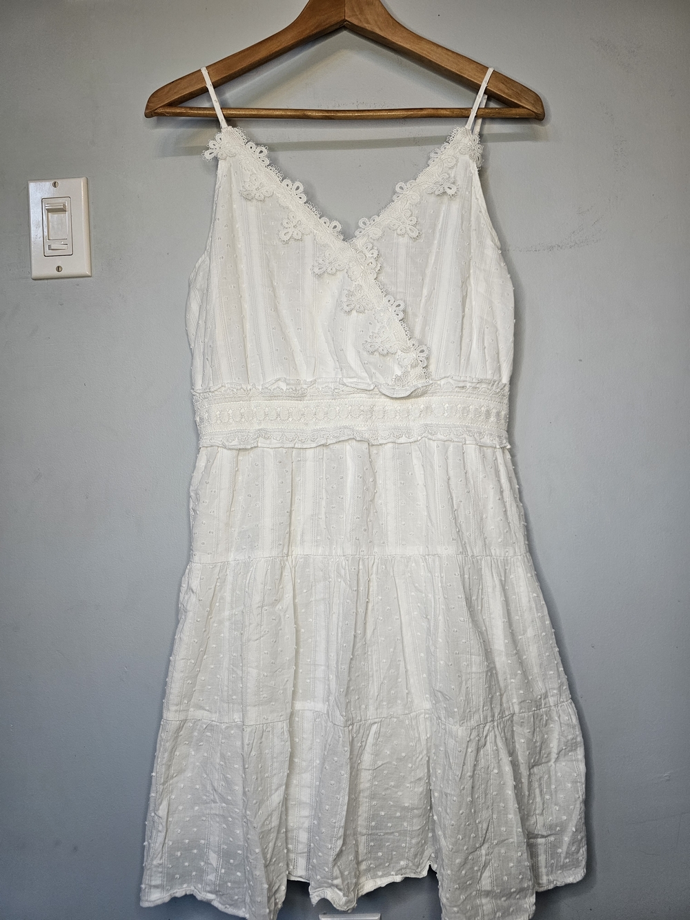 White Swiss Dot Lace Trim Boho Mini Dress M Cottagecore Tiered Graduation